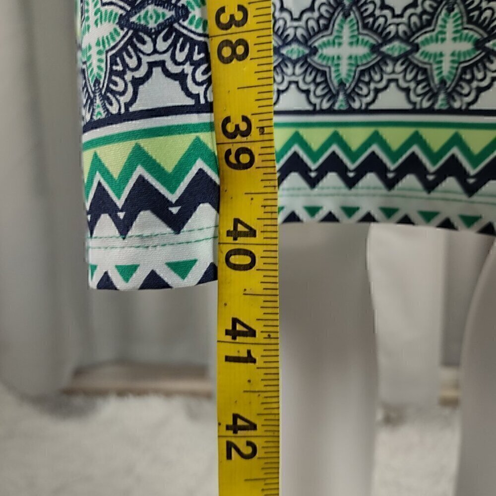Kim Rogers Green White Geometric Sheath Midi Dress Stretch Elbow Sleeve L - Picture 6 of 10